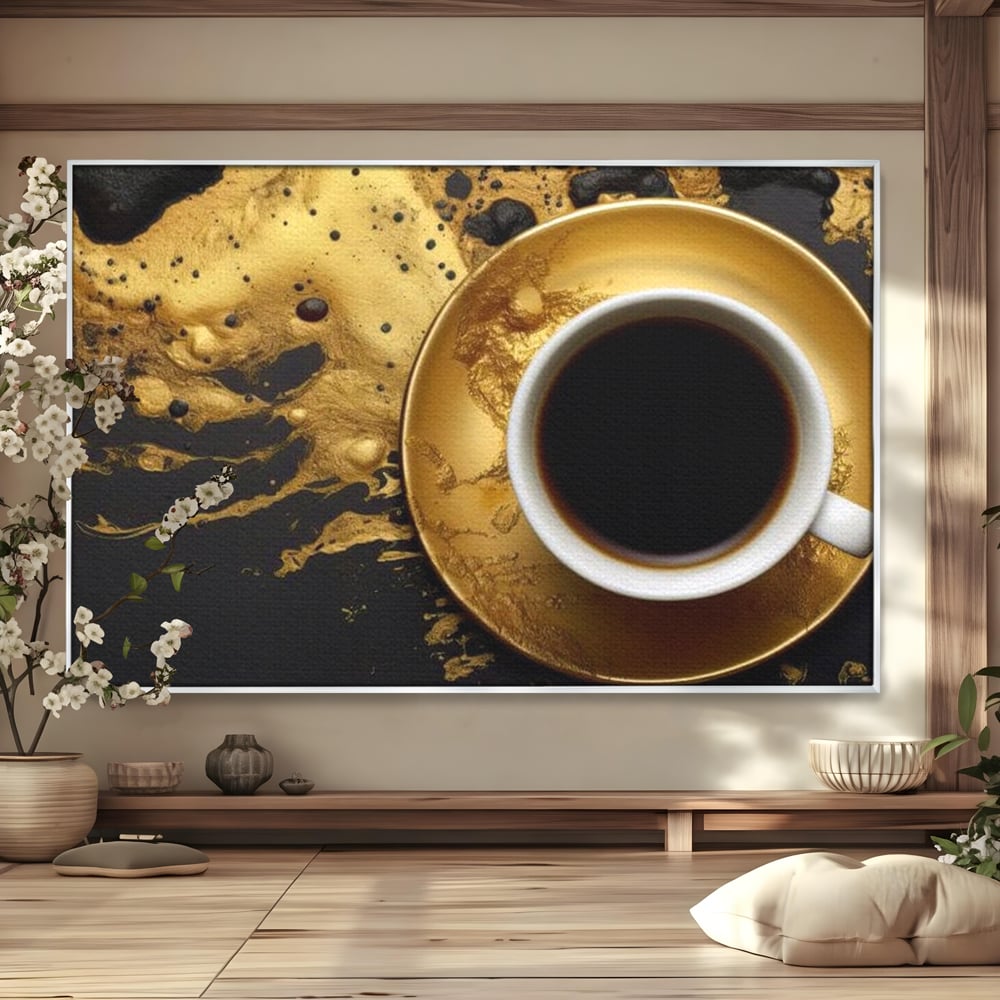 Tablou canvas cu tablou canvas cu ceasca de cafea, in rama de aluminiu argintiu